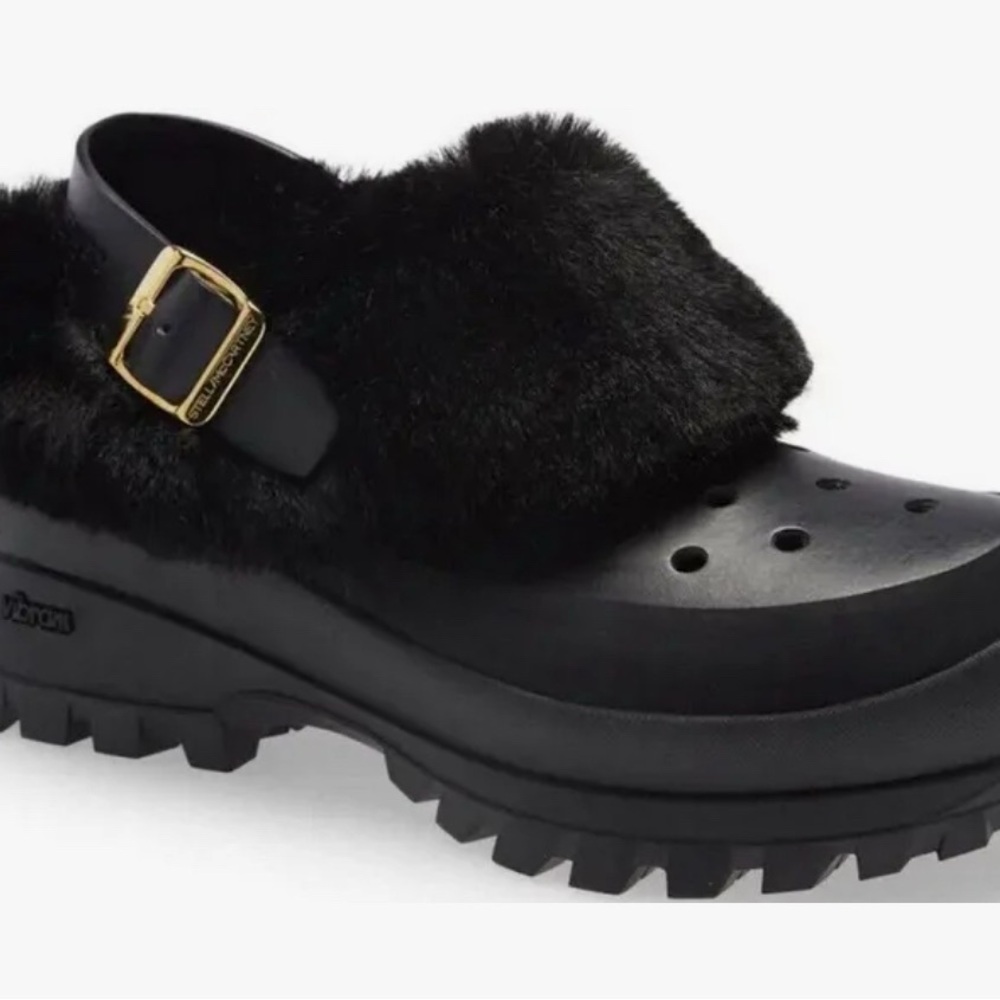 Stella McCartney Black Fur Clogs with Gold Buckle